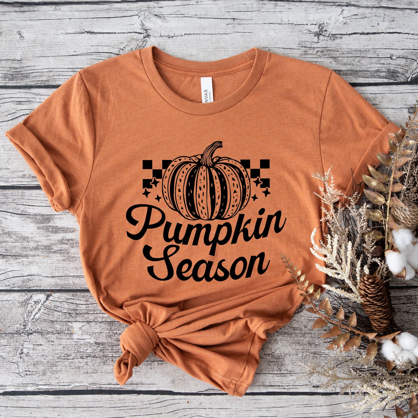 Checkered Pumpkin Season Cursive | Short Sleeve Graphic Tee