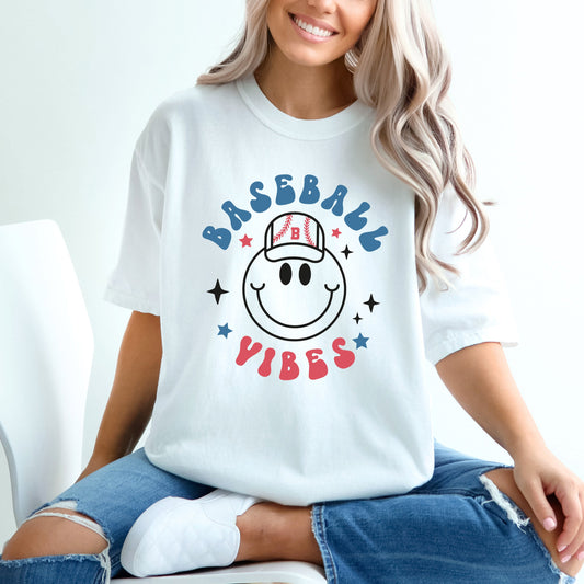 Smiley Face Baseball Vibes | Garment Dyed Short Sleeve Tee