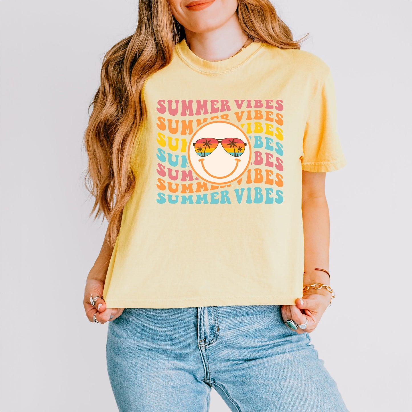 Summer Vibes Stacked Smiley | Relaxed Fit Cropped Tee