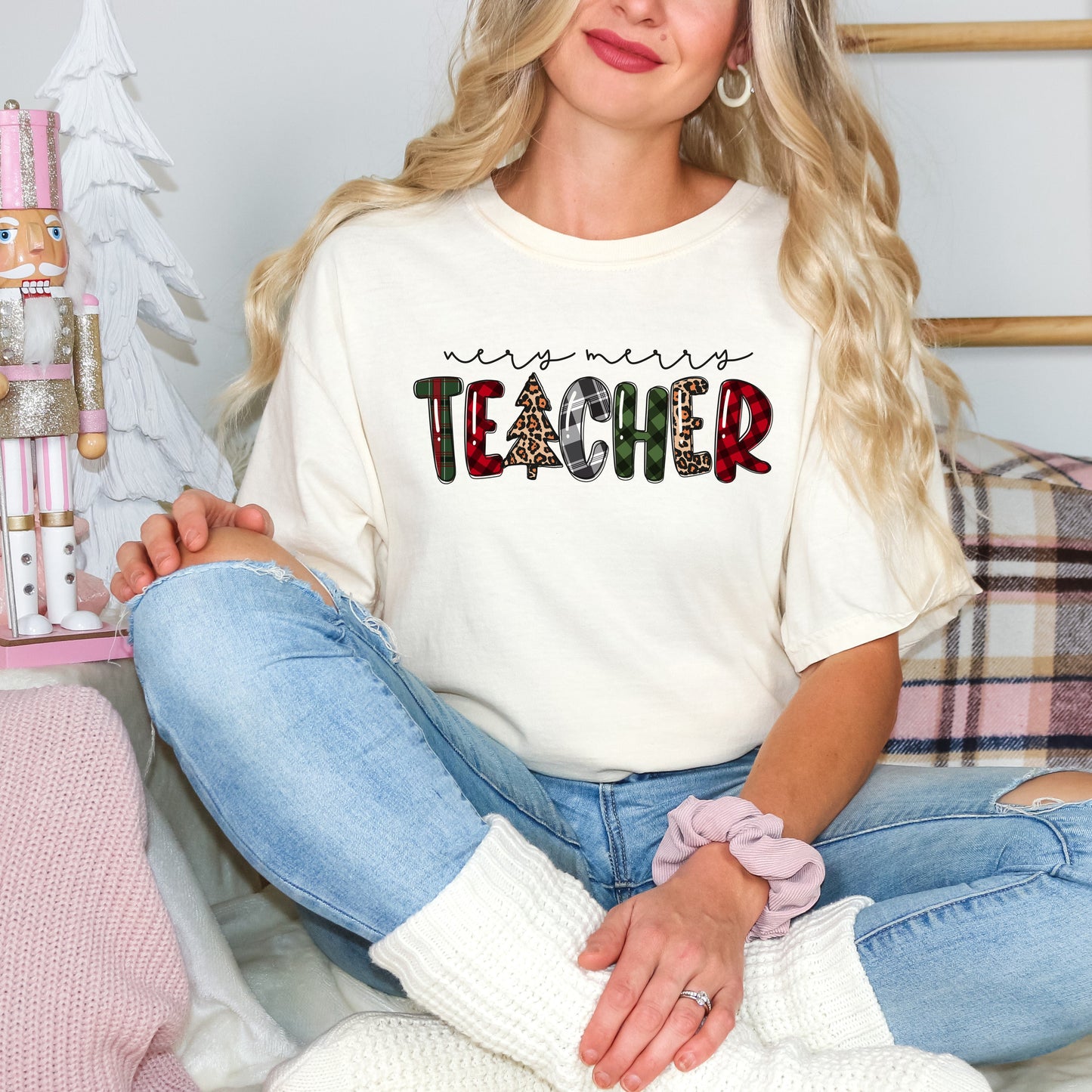 Very Merry Teacher Plaid  | Garment Dyed Tee