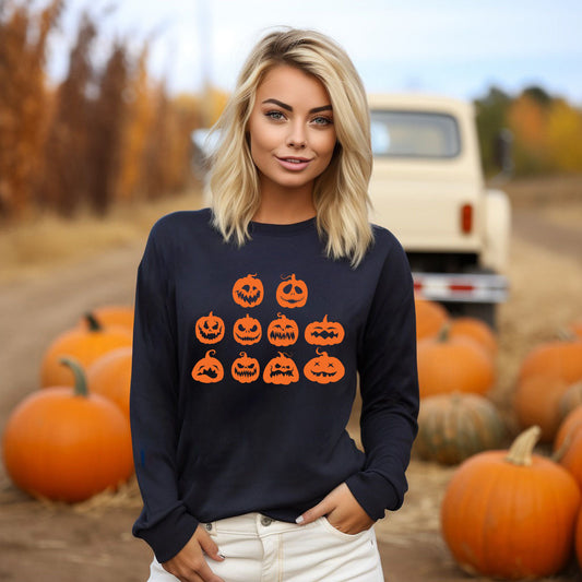 Halloween Pumpkin Faces | Long Sleeve Crew Neck