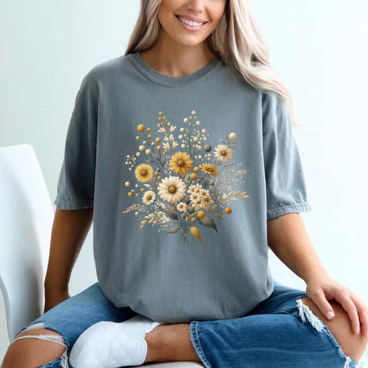 Cream And Gold Bouquet | Garment Dyed Short Sleeve Tee