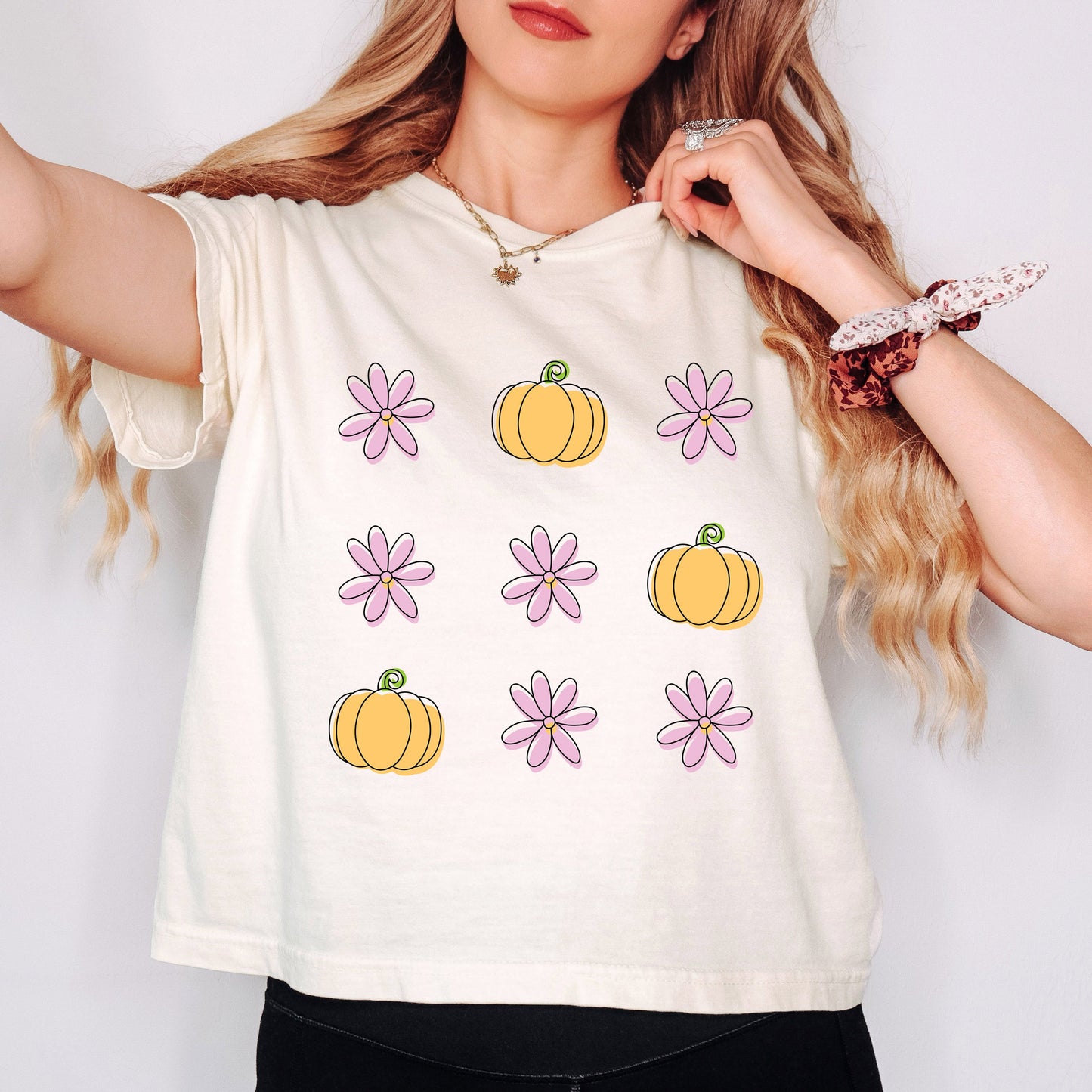 Pumpkin and Flowers | Relaxed Fit Cropped Tee