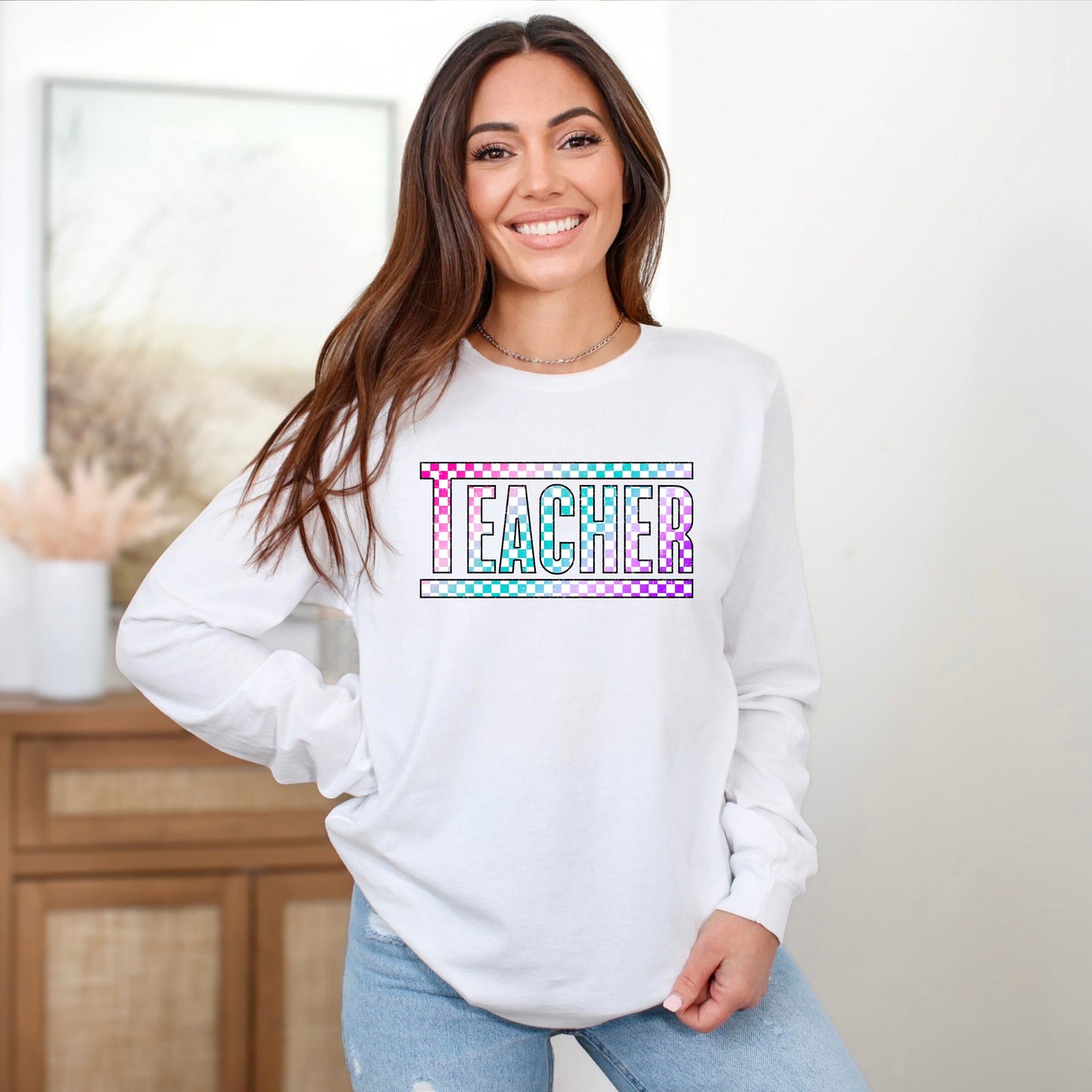 Teacher Checkered Colorful | Long Sleeve Crew Neck