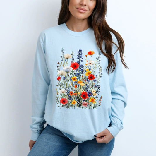 Blue And Red Wildflowers | Garment Dyed Long Sleeve