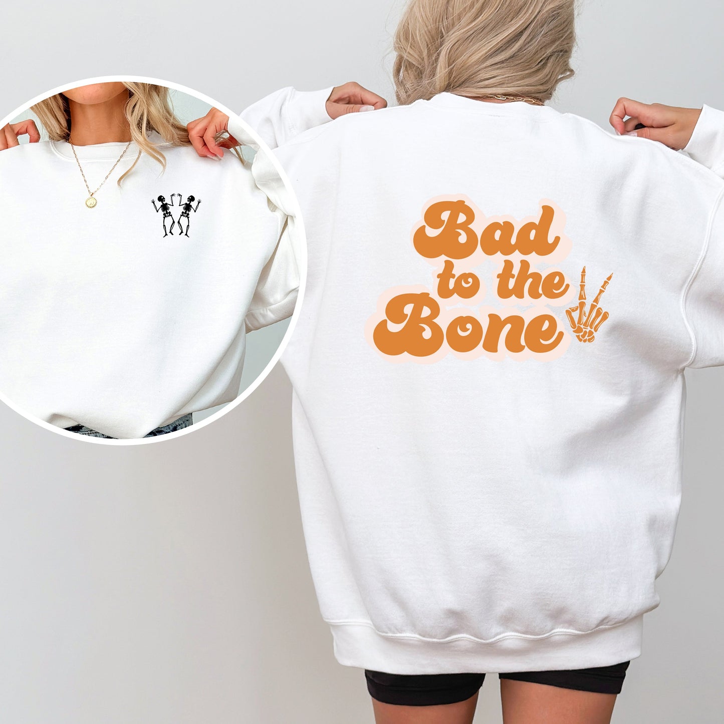 Bad To The Bone Hand - Two Dancing Skeletons | Sweatshirt | Front and Back Design