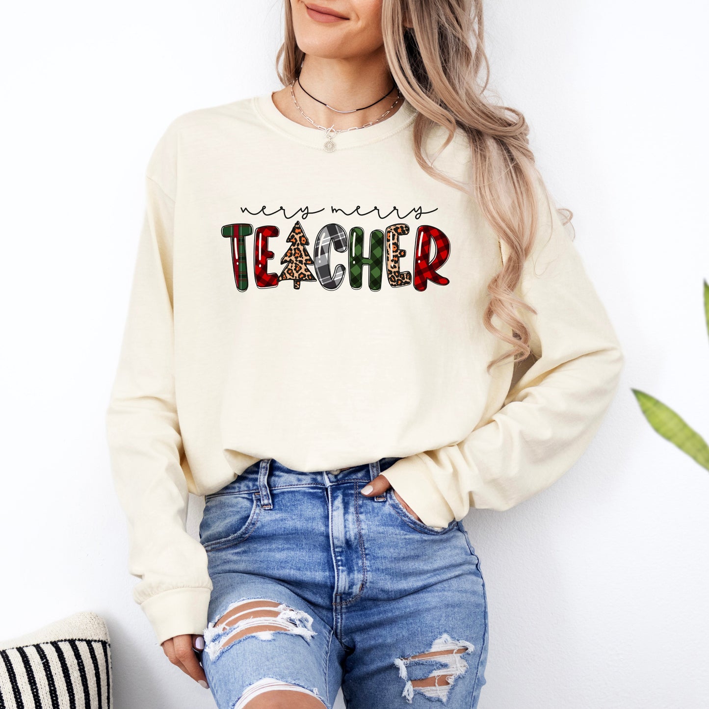 Very Merry Teacher Plaid | Garment Dyed Long Sleeve