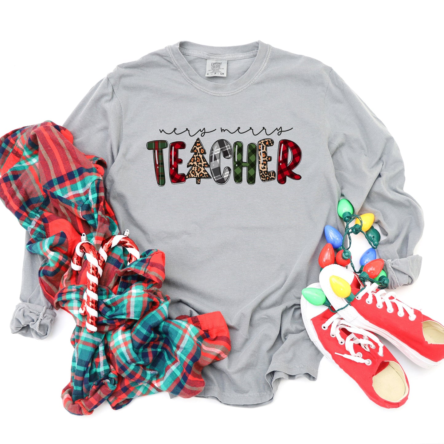 Very Merry Teacher Plaid | Garment Dyed Long Sleeve