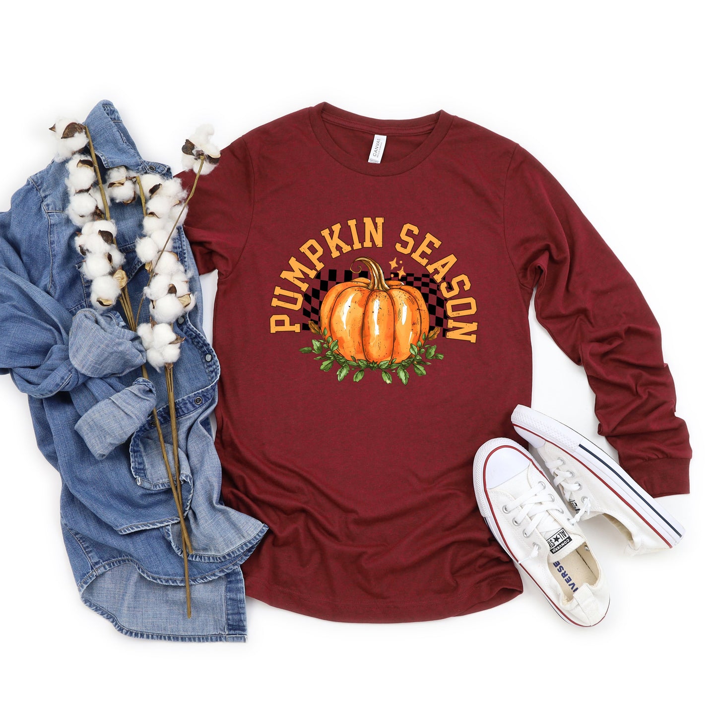 Pumpkin Season Checkered | Long Sleeve Crew Neck