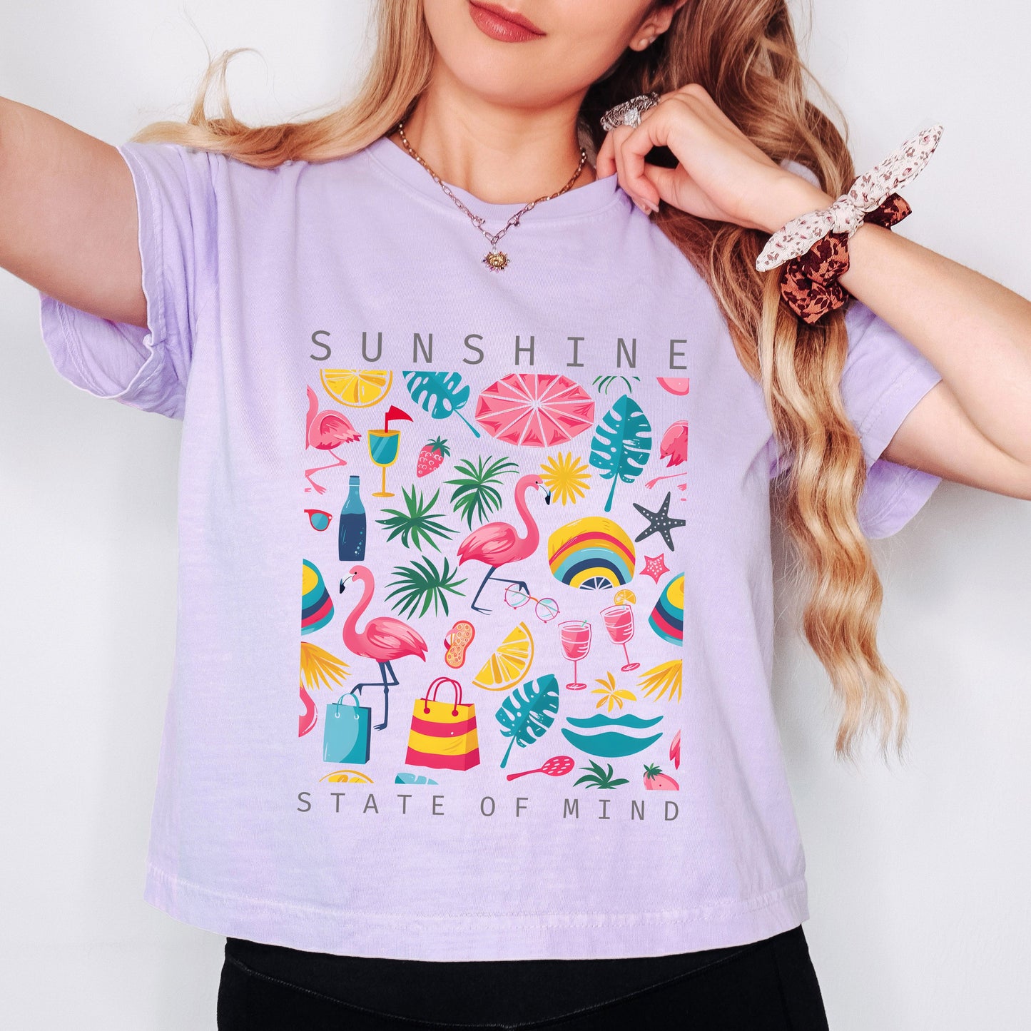 Sunshine State Of Mind Flamingos  | Relaxed Fit Cropped Tee