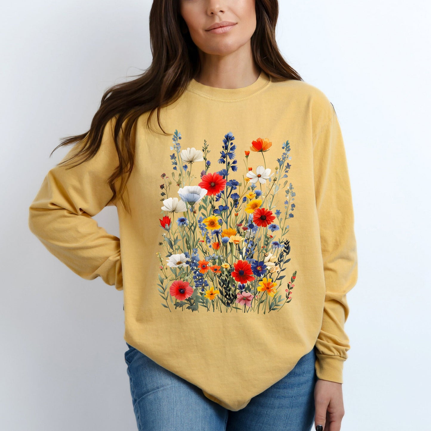 Blue And Red Wildflowers | Garment Dyed Long Sleeve