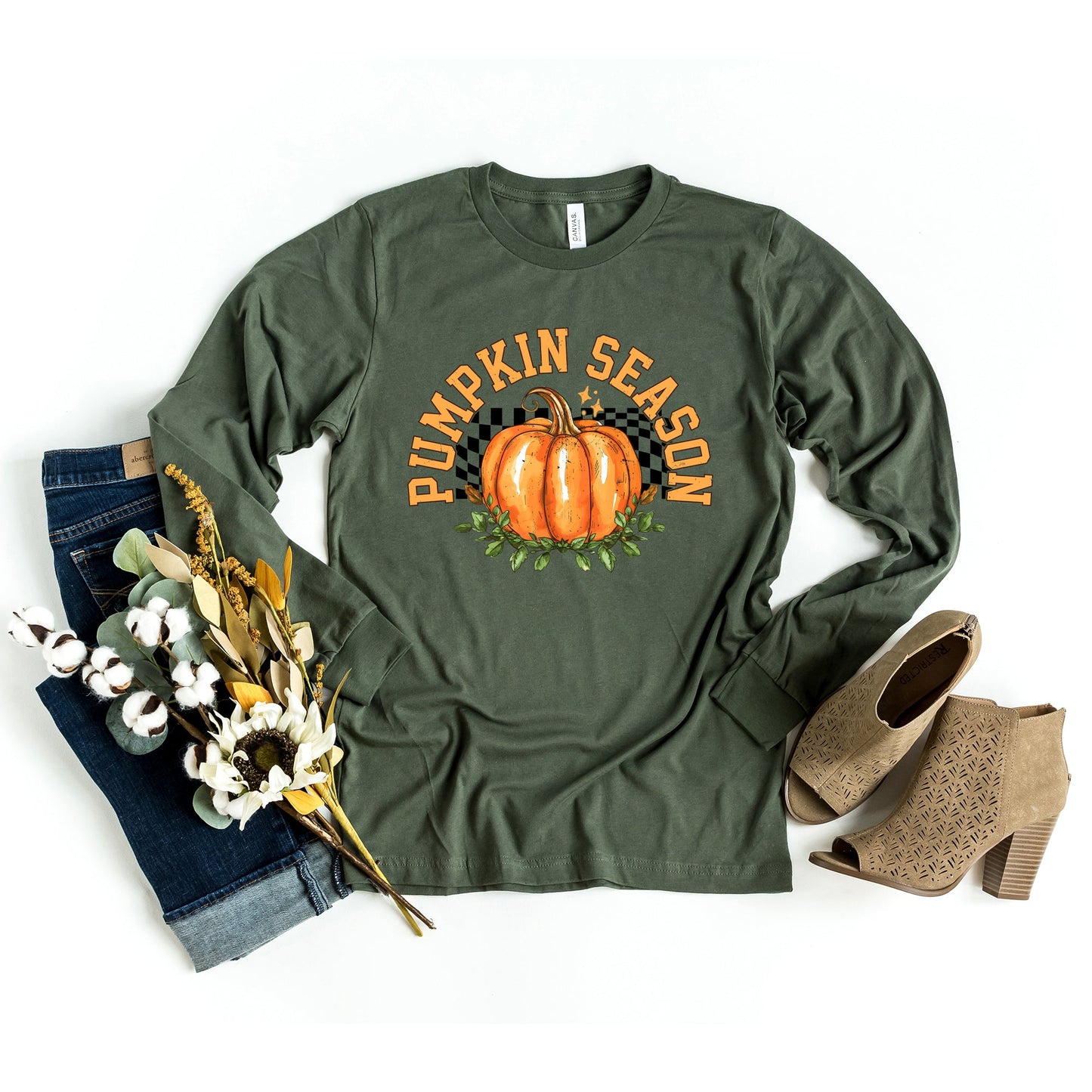 Pumpkin Season Checkered | Long Sleeve Crew Neck