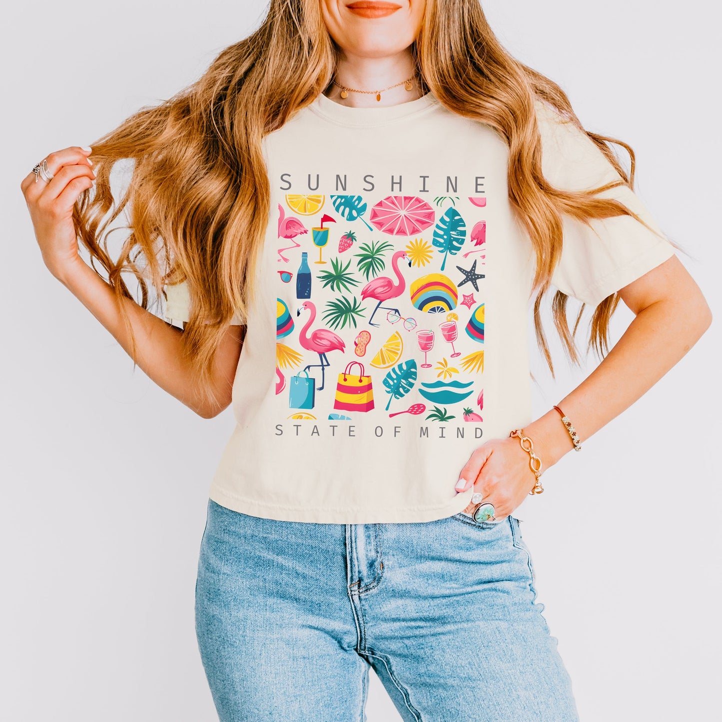 Sunshine State Of Mind Flamingos  | Relaxed Fit Cropped Tee