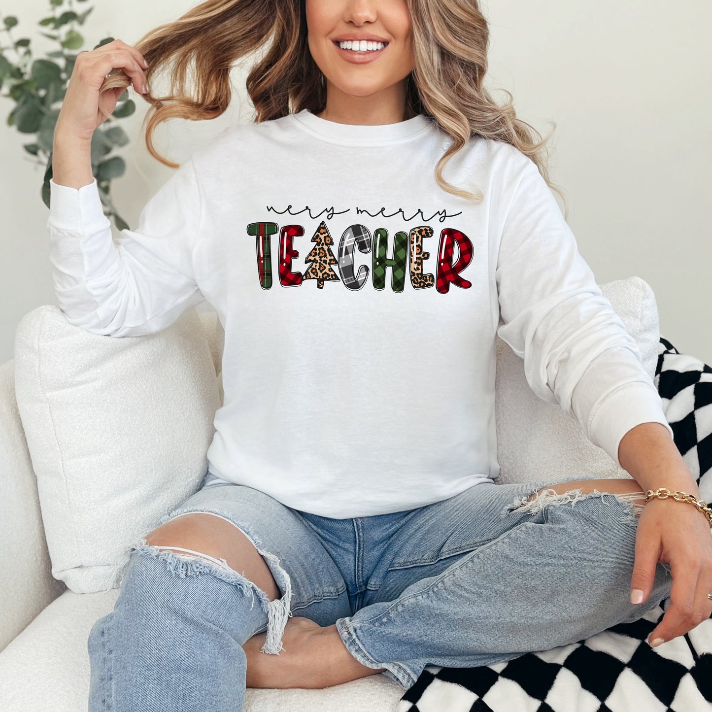 Very Merry Teacher Plaid | Garment Dyed Long Sleeve