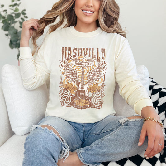 Nashville Guitar Wings | Garment Dyed Long Sleeve Tee