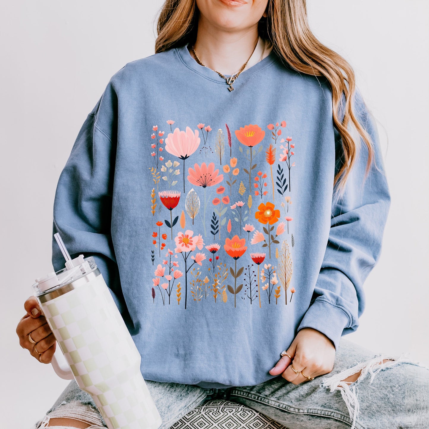 Pink Floral | Lightweight Garment Dyed Sweatshirt