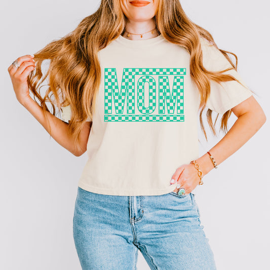 Mom Checkered Box Puff Print | Relaxed Fit Cropped Tee