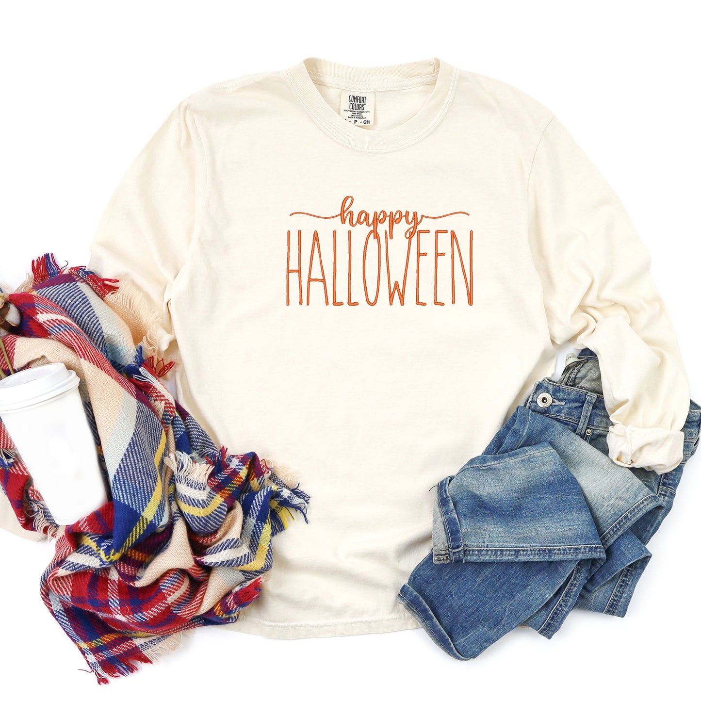 Embroidered Happy Halloween | Garment Dyed Long Sleeve