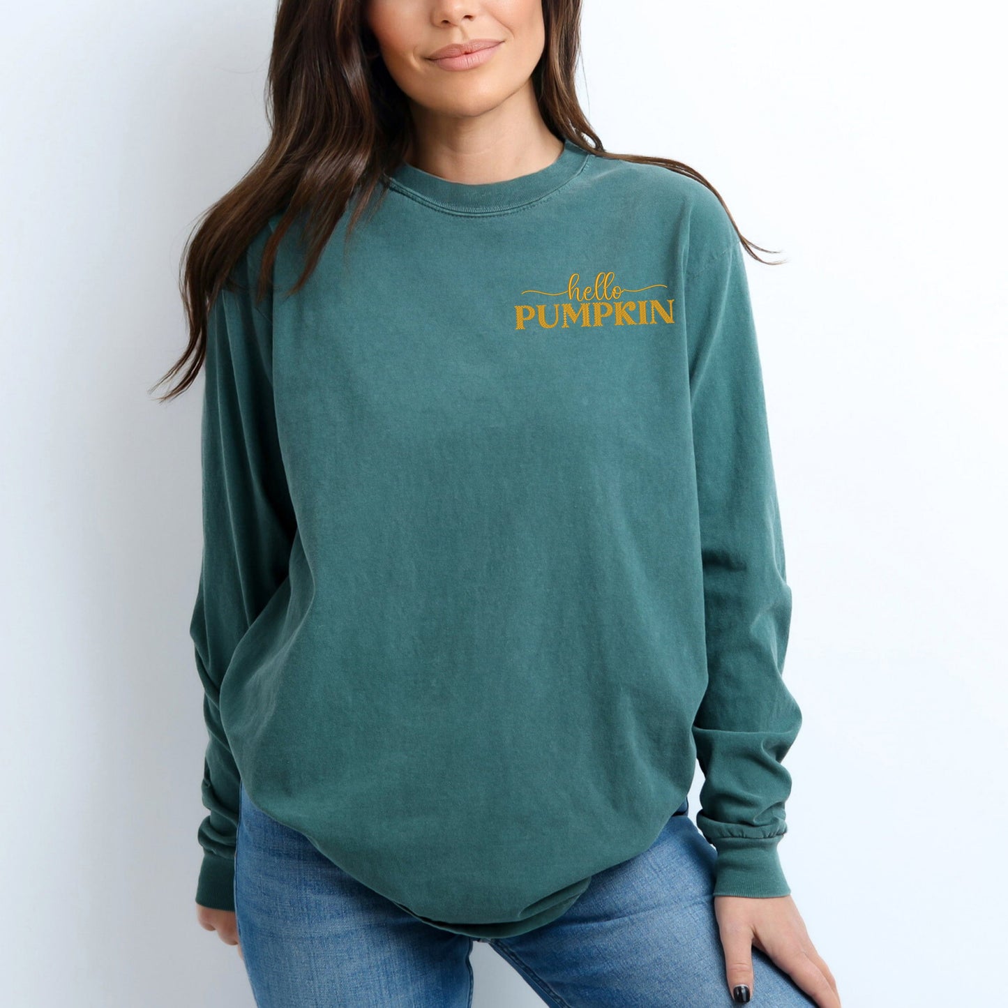 Embroidered Hello Pumpkin | Garment Dyed Long Sleeve