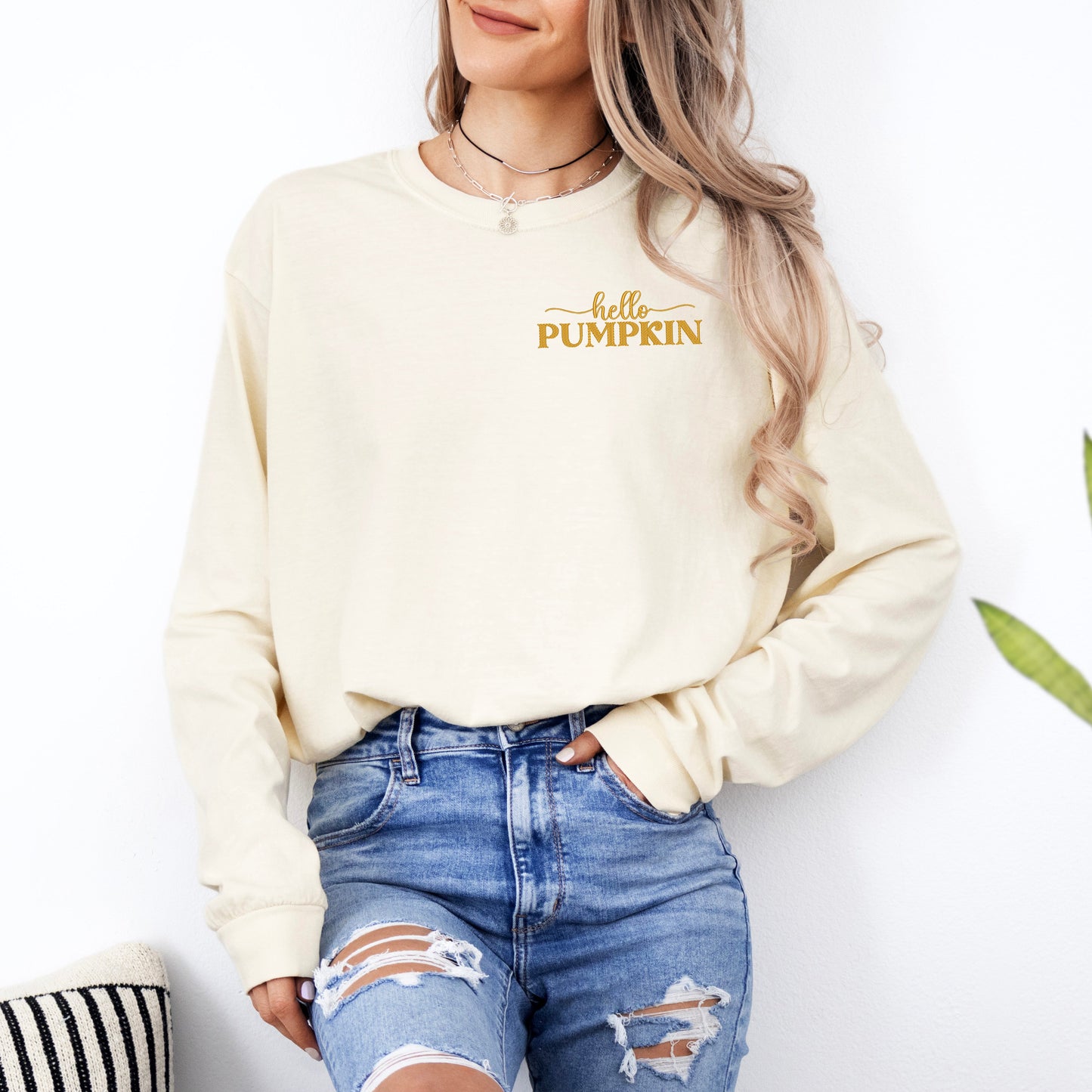 Embroidered Hello Pumpkin | Garment Dyed Long Sleeve