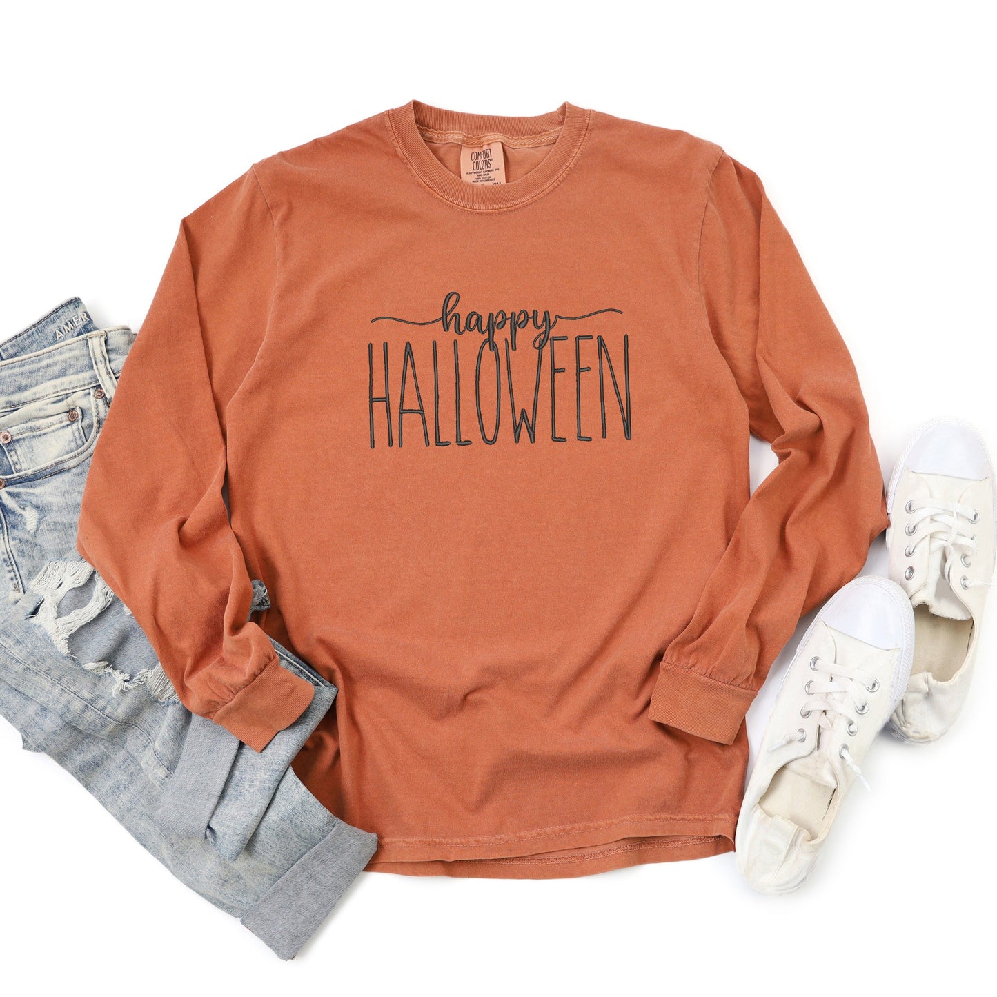 Embroidered Happy Halloween | Garment Dyed Long Sleeve