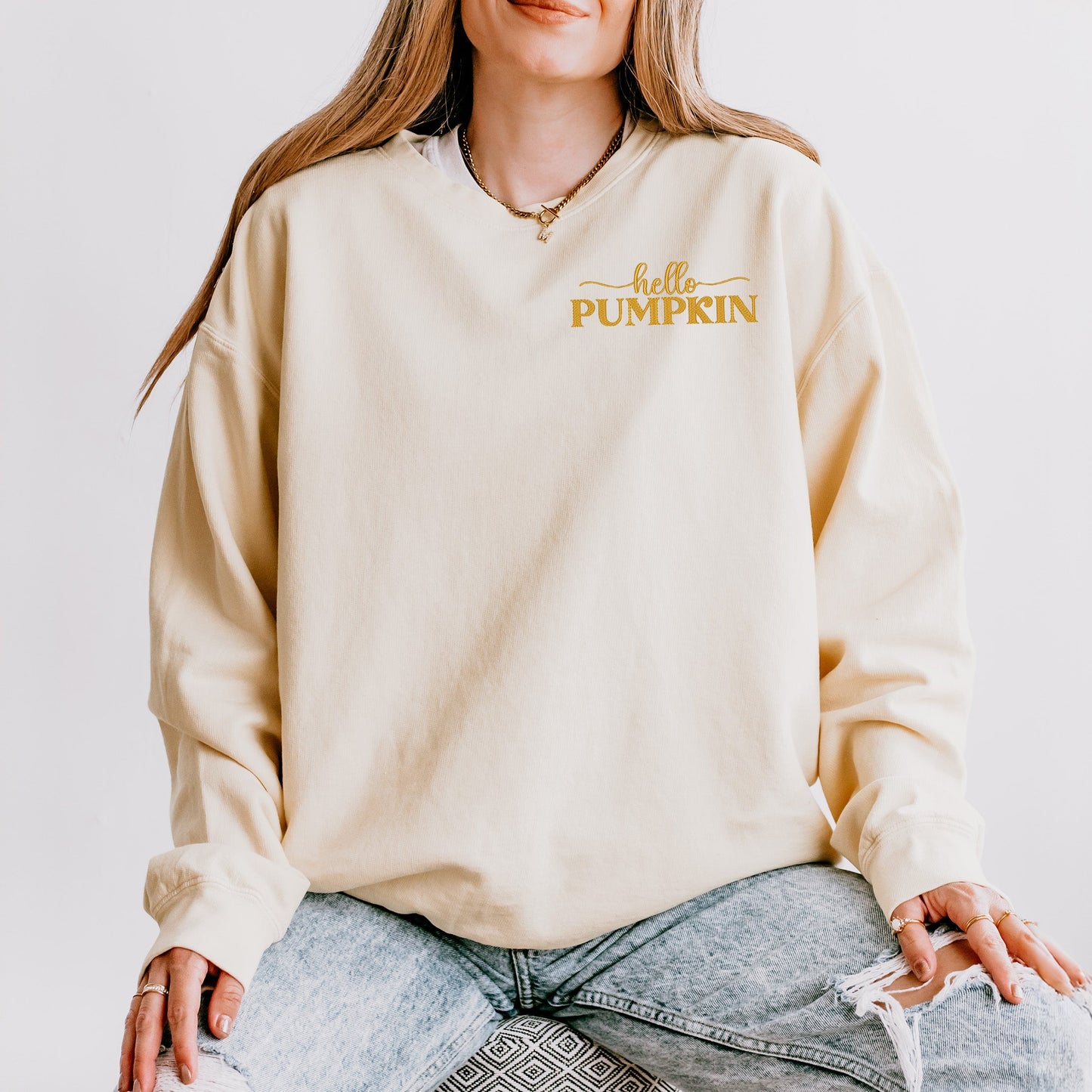 Embroidered Hello Pumpkin | Lightweight Garment Dyed Sweatshirt