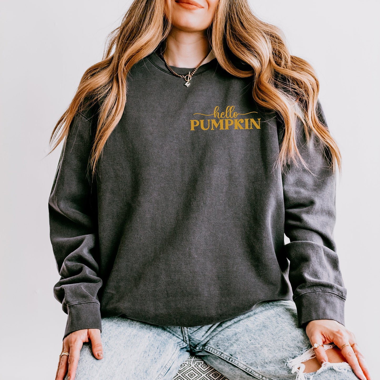 Embroidered Hello Pumpkin | Lightweight Garment Dyed Sweatshirt