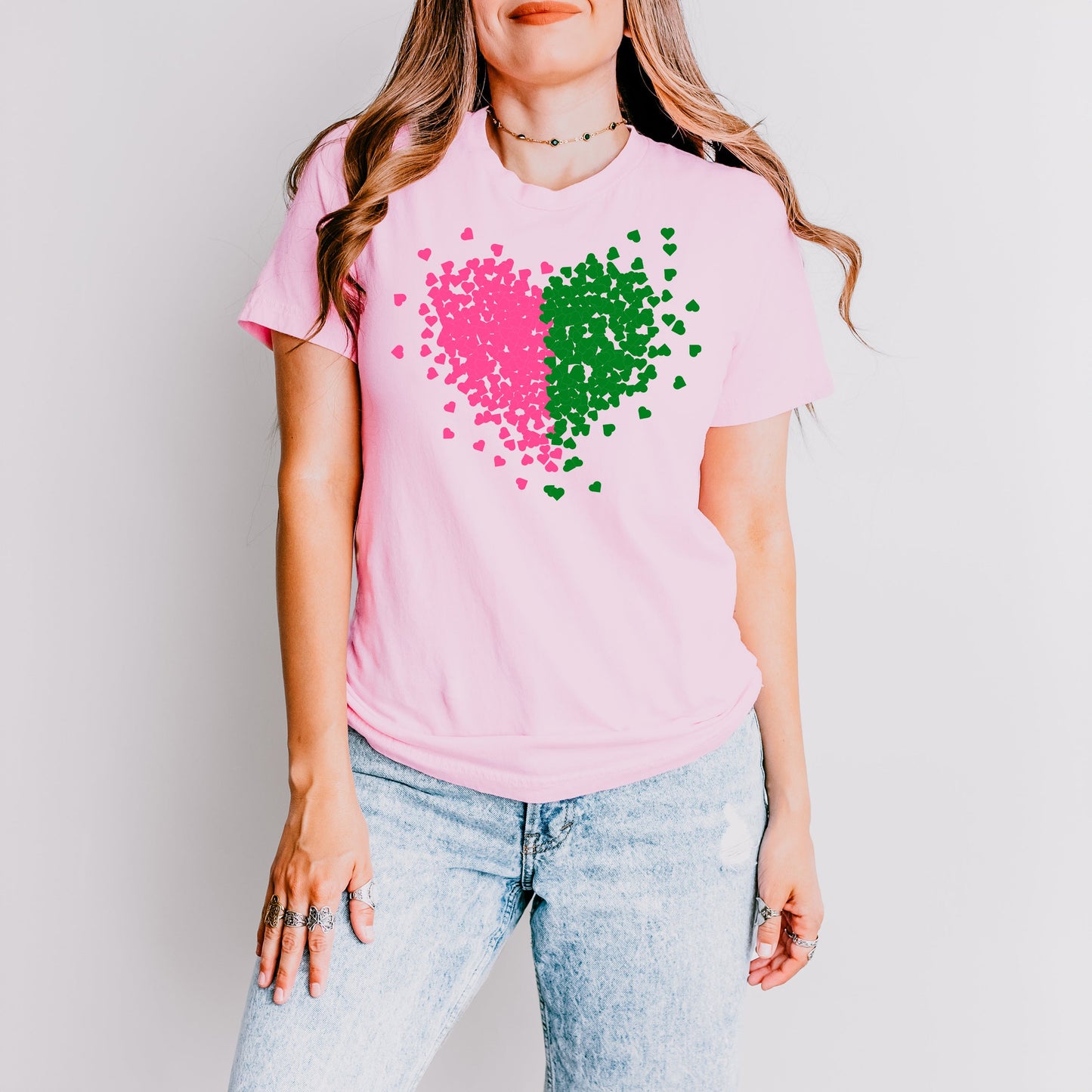 Pink and Green Hearts | Short Sleeve Crew Neck