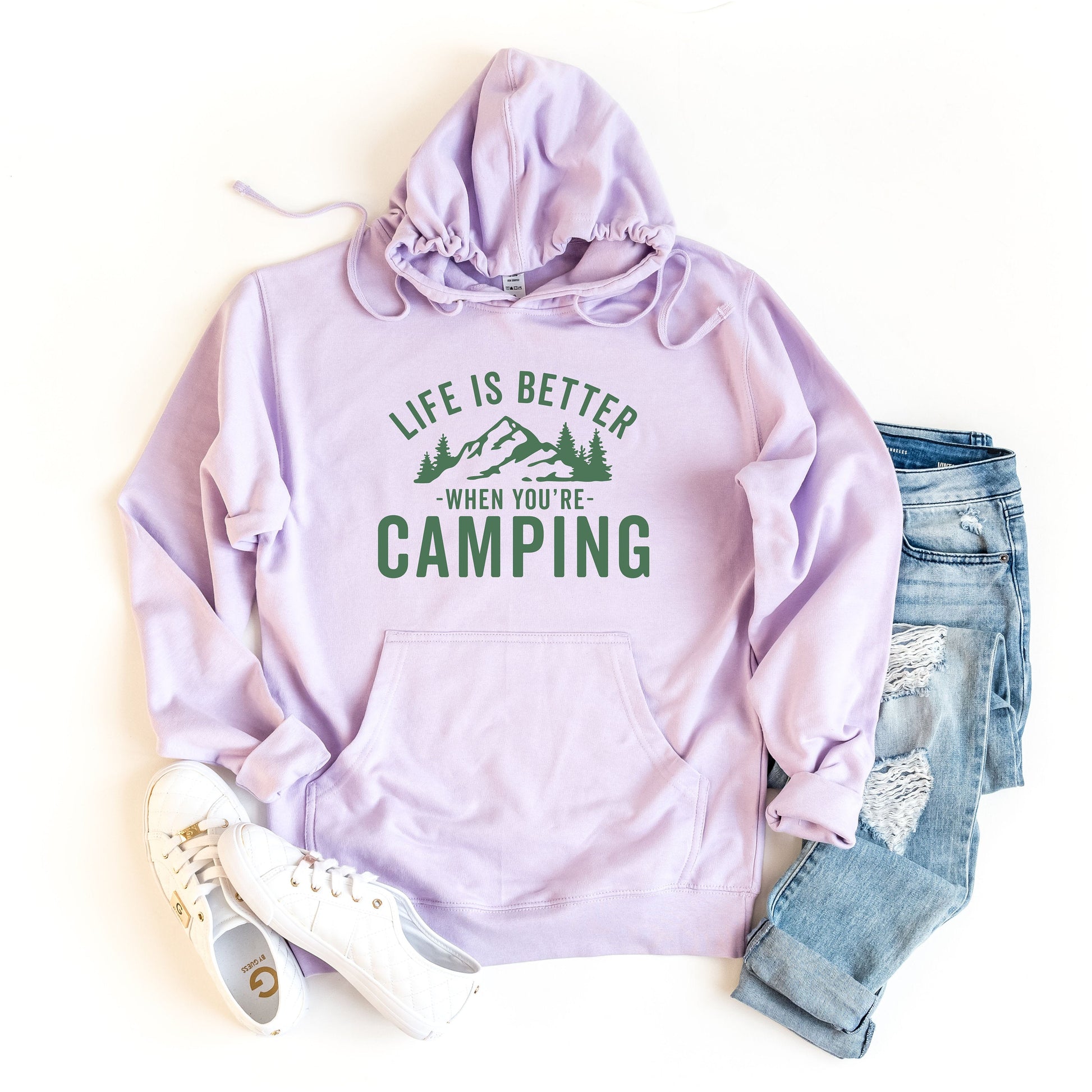 a purple hoodie that says life is better when you&#39;re camping