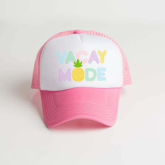 a pink and white trucker hat with the words vacay mode on it