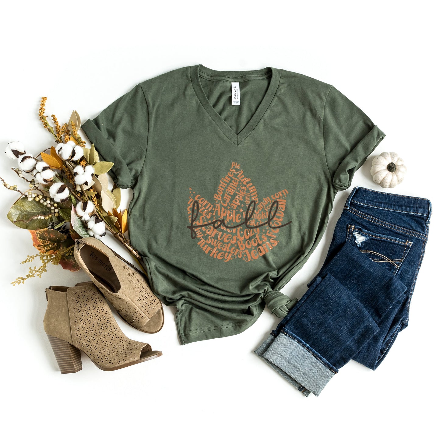 Cursive Fall Leaf | Short Sleeve V-Neck