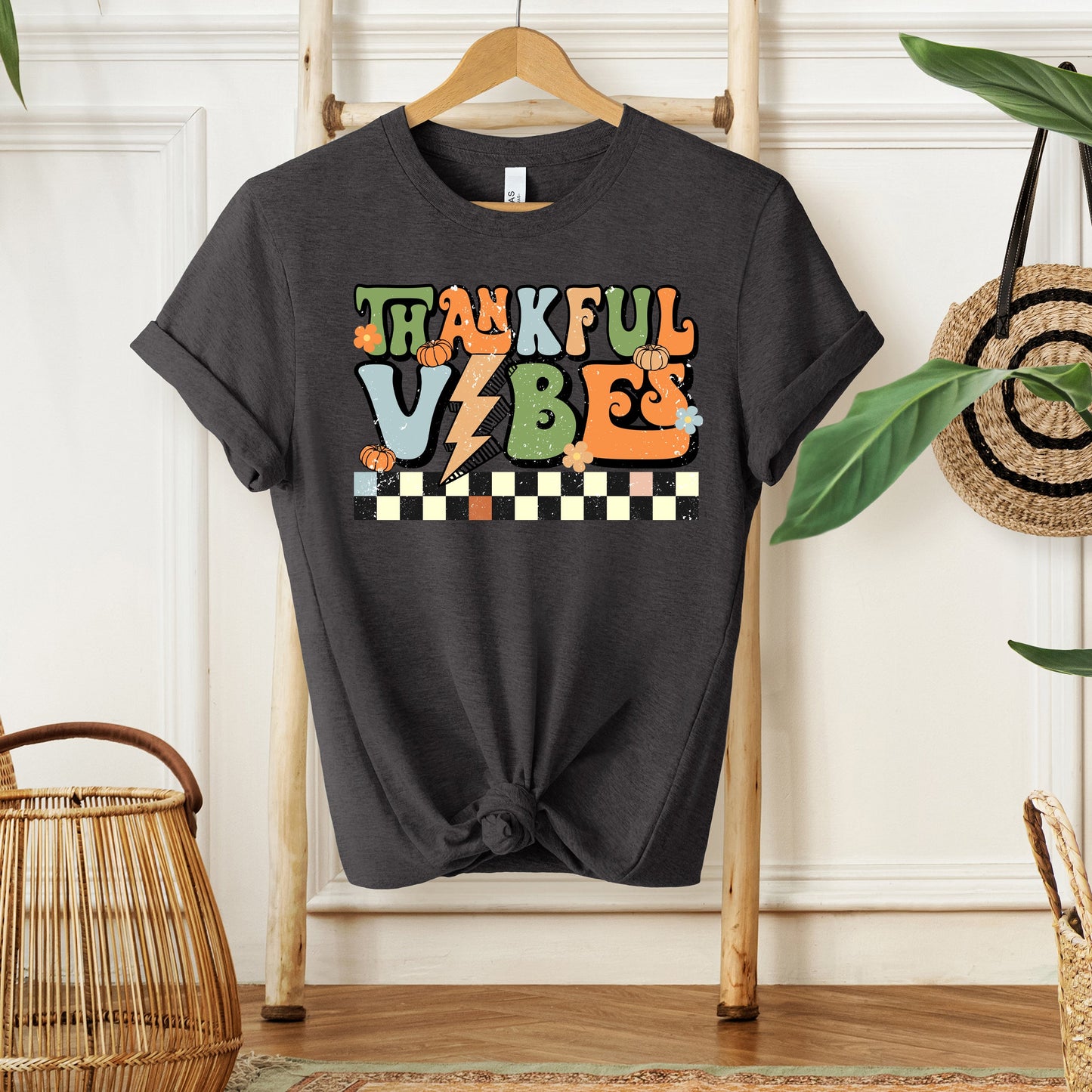 Thankful Vibes Checkered| Short Sleeve Crew Neck