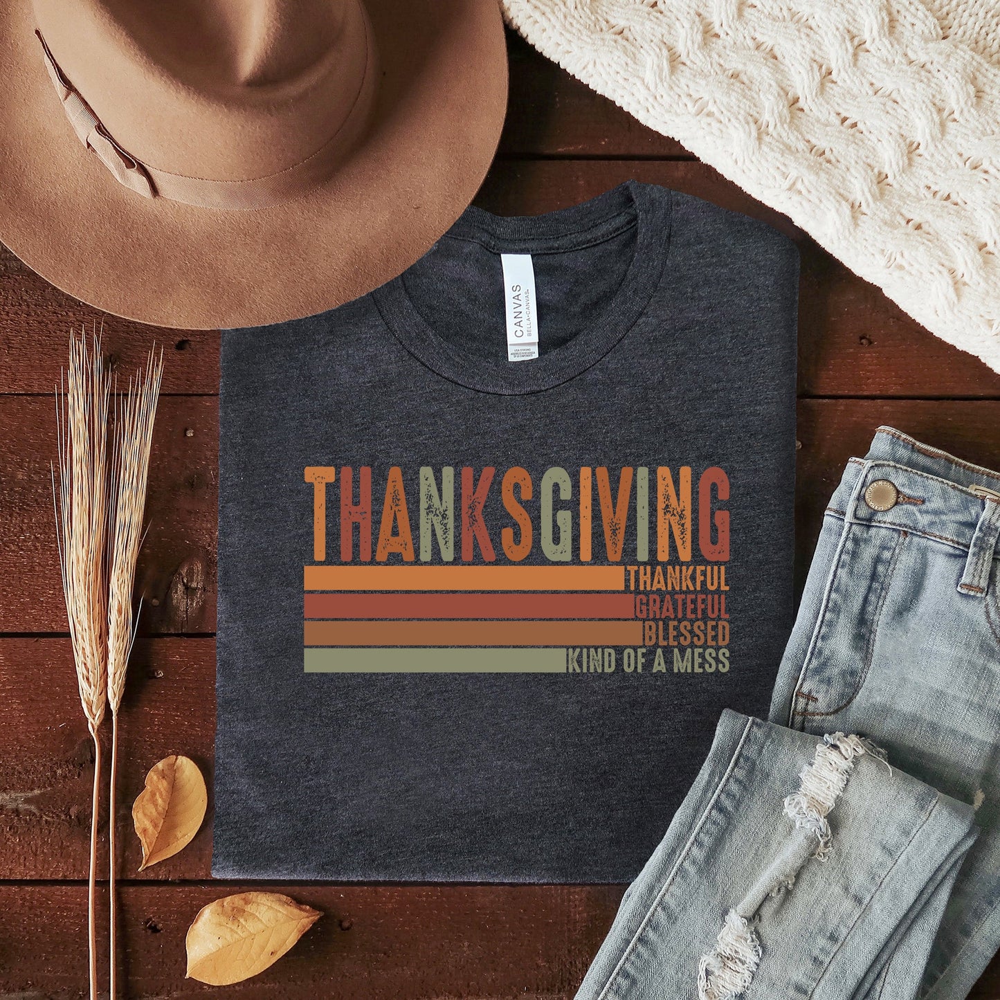 Thanksgiving Striped Distressed | Short Sleeve Crew Neck