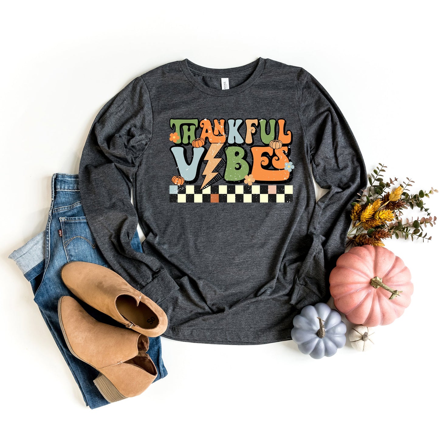 Thankful Vibes Checkered | Long Sleeve Crew Neck