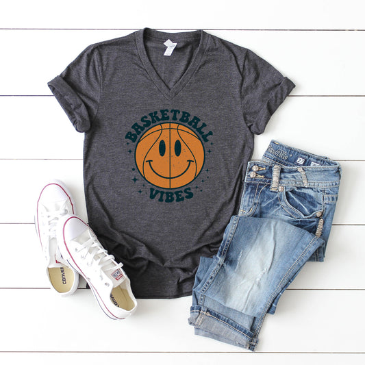 Vintage Basketball Vibes Smiley Face | Short Sleeve V-Neck