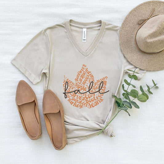 Cursive Fall Leaf | Short Sleeve V-Neck