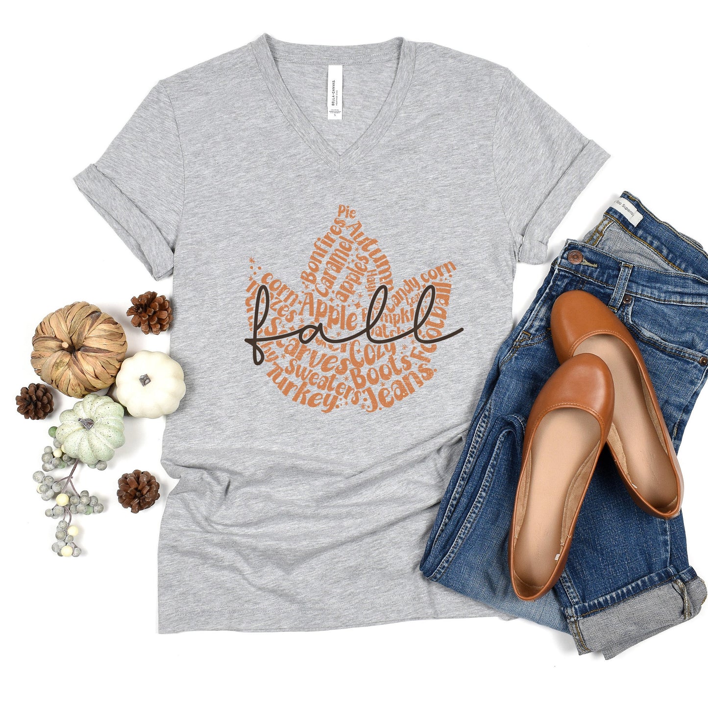 Cursive Fall Leaf | Short Sleeve V-Neck