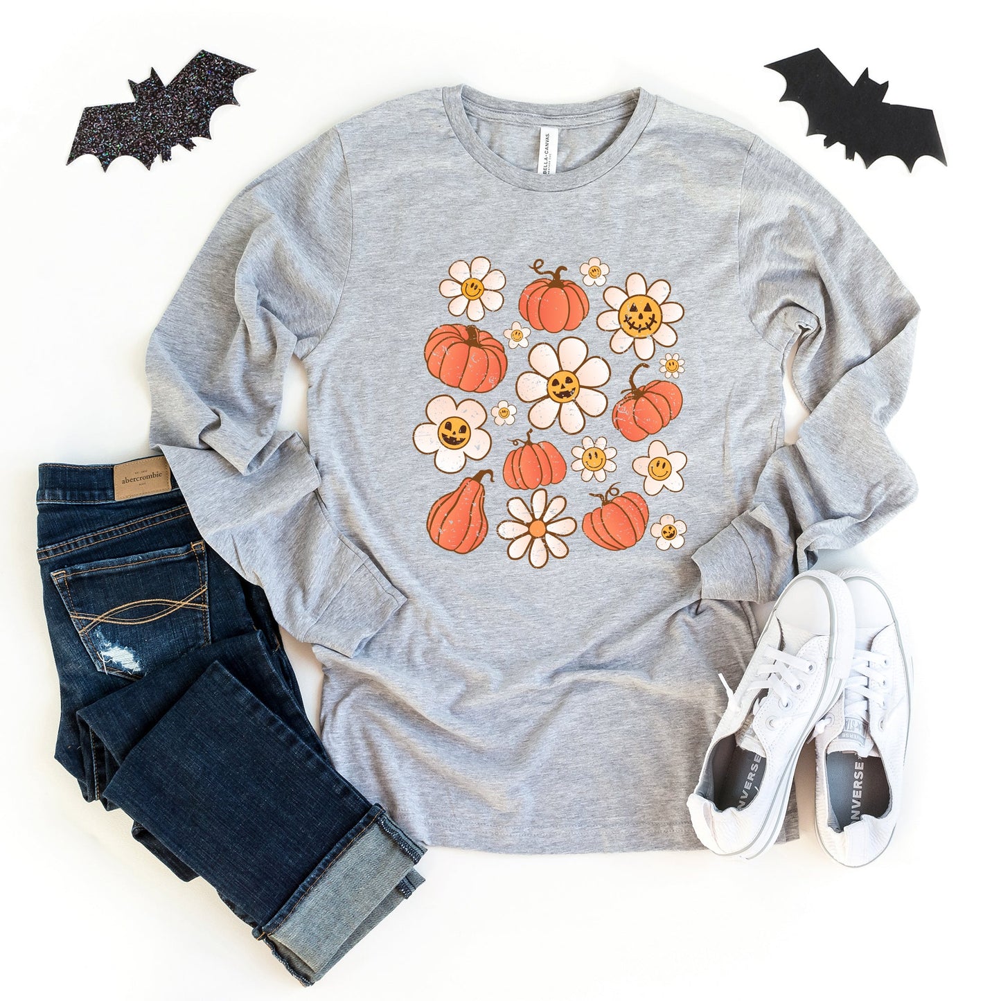 Distressed Flowers And Pumpkins | Long Sleeve Crew Neck