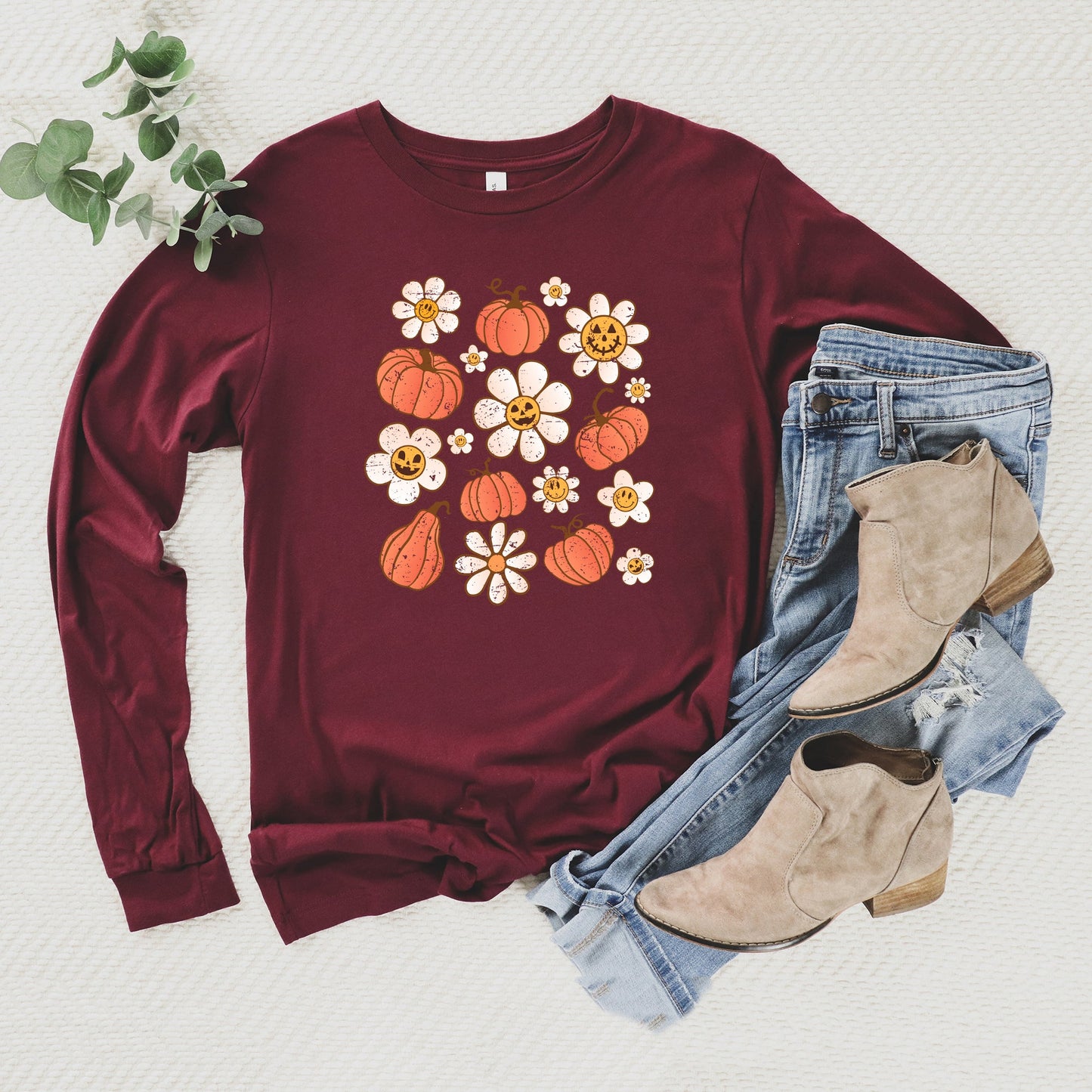 Distressed Flowers And Pumpkins | Long Sleeve Crew Neck