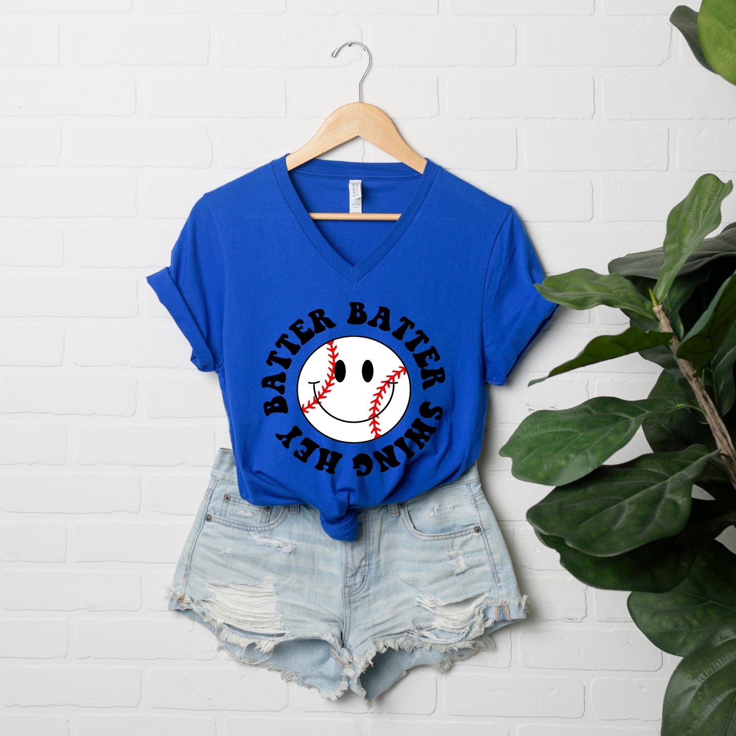 Hey Batter Batter Smiley Face | Short Sleeve V-Neck