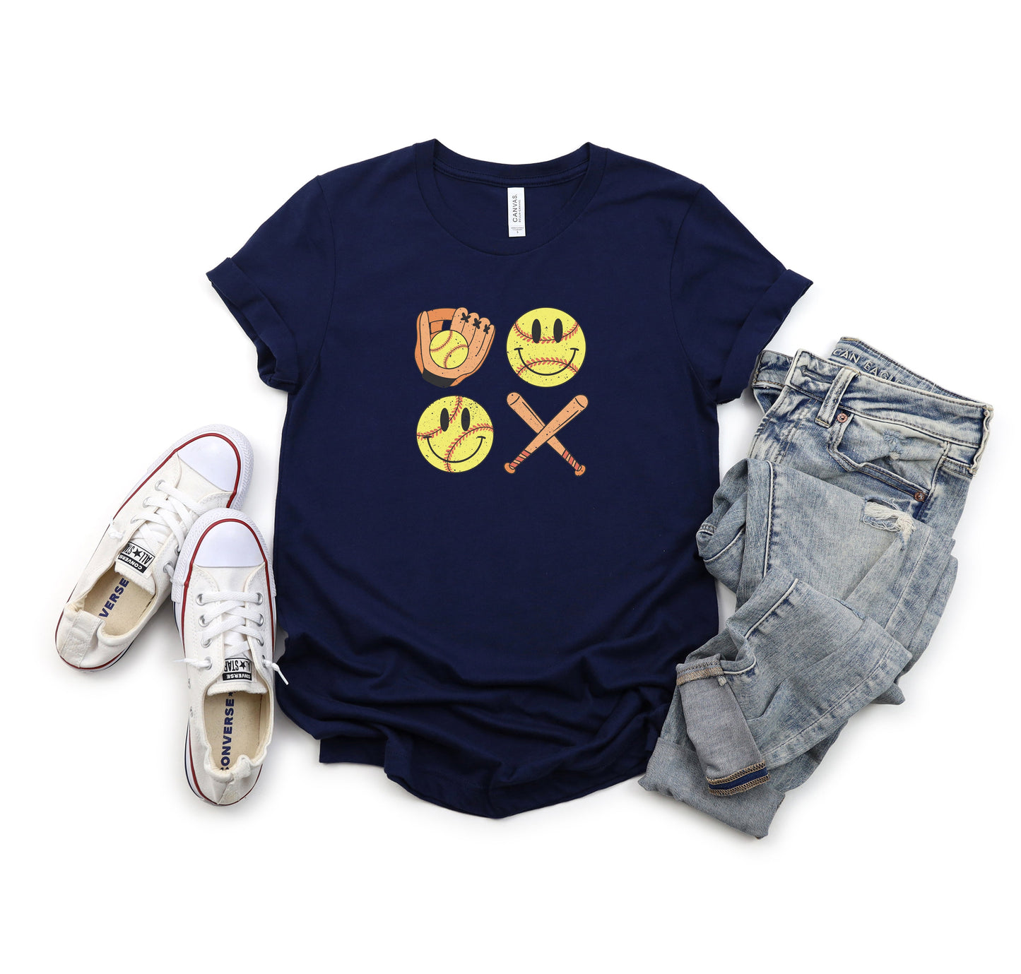 Vintage Bat And Softball Vibes Smiley Face | Short Sleeve Crew Neck