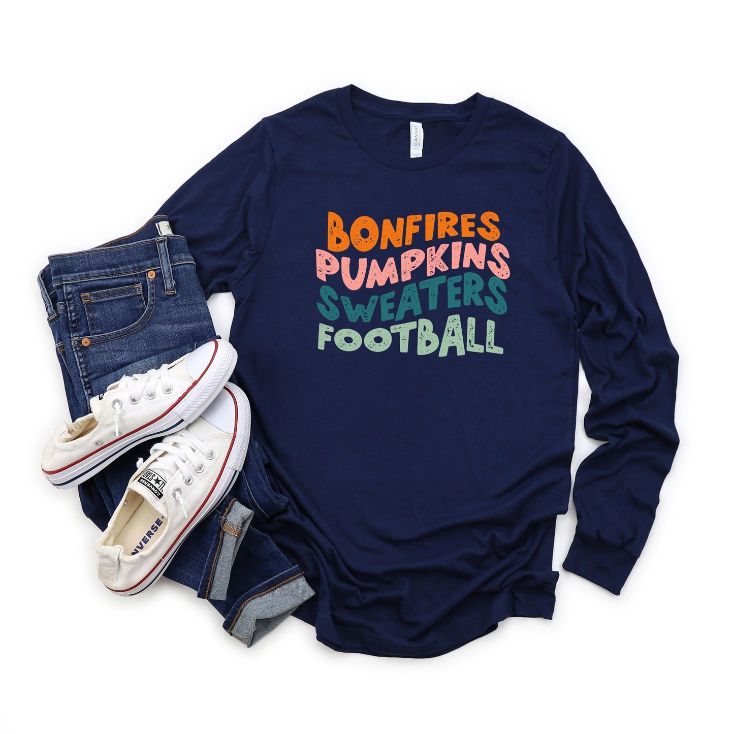 Bonfires Pumpkins Sweaters Football | Long Sleeve Crew Neck