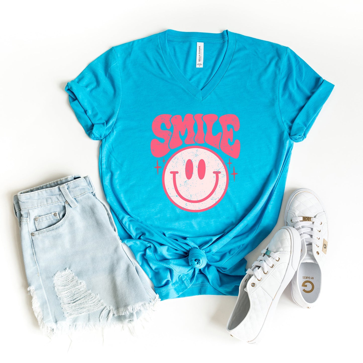 Pink Smiley Distressed | Short Sleeve V-Neck