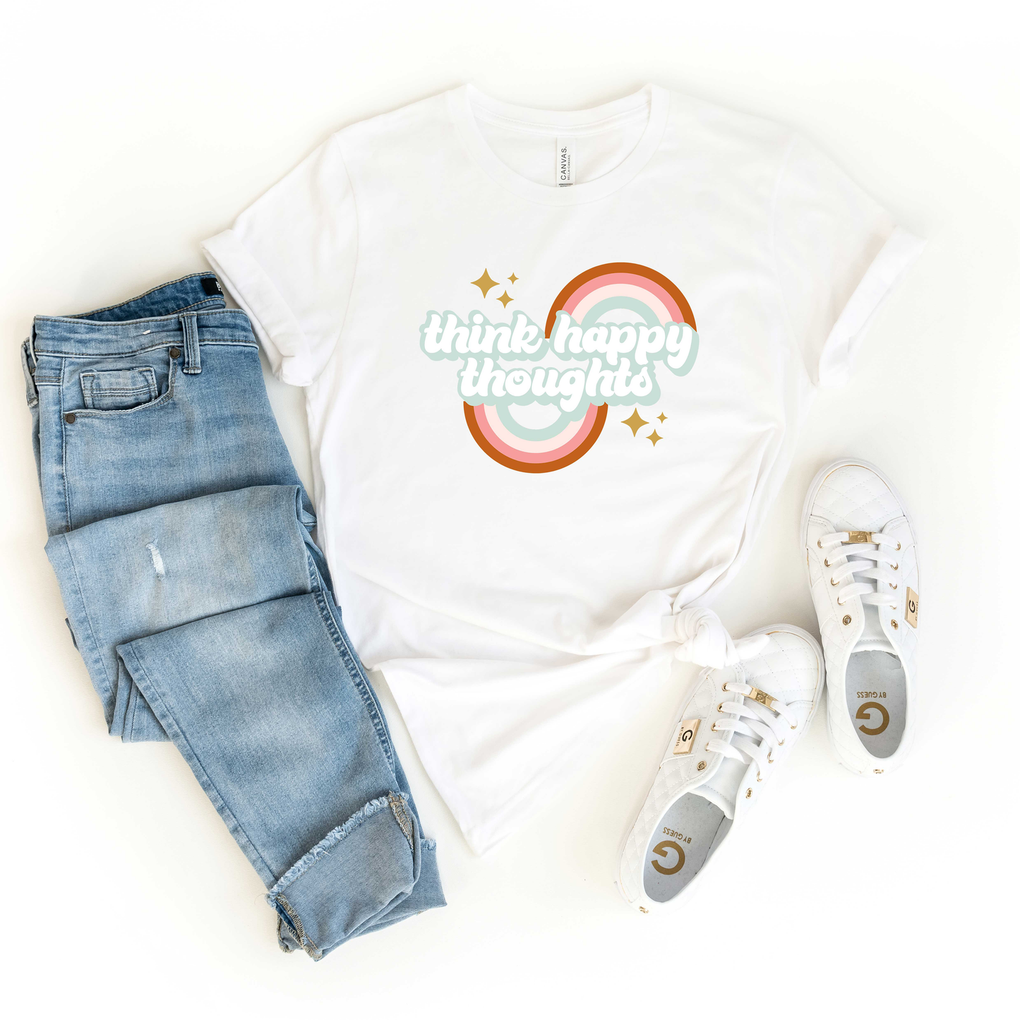 Think Happy Thoughts Rainbow | Short Sleeve Crew Neck