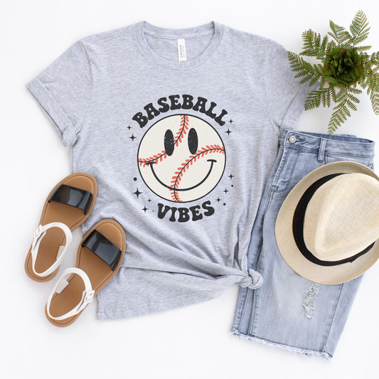 Baseball Vibes Smiley Face | Short Sleeve Crew Neck