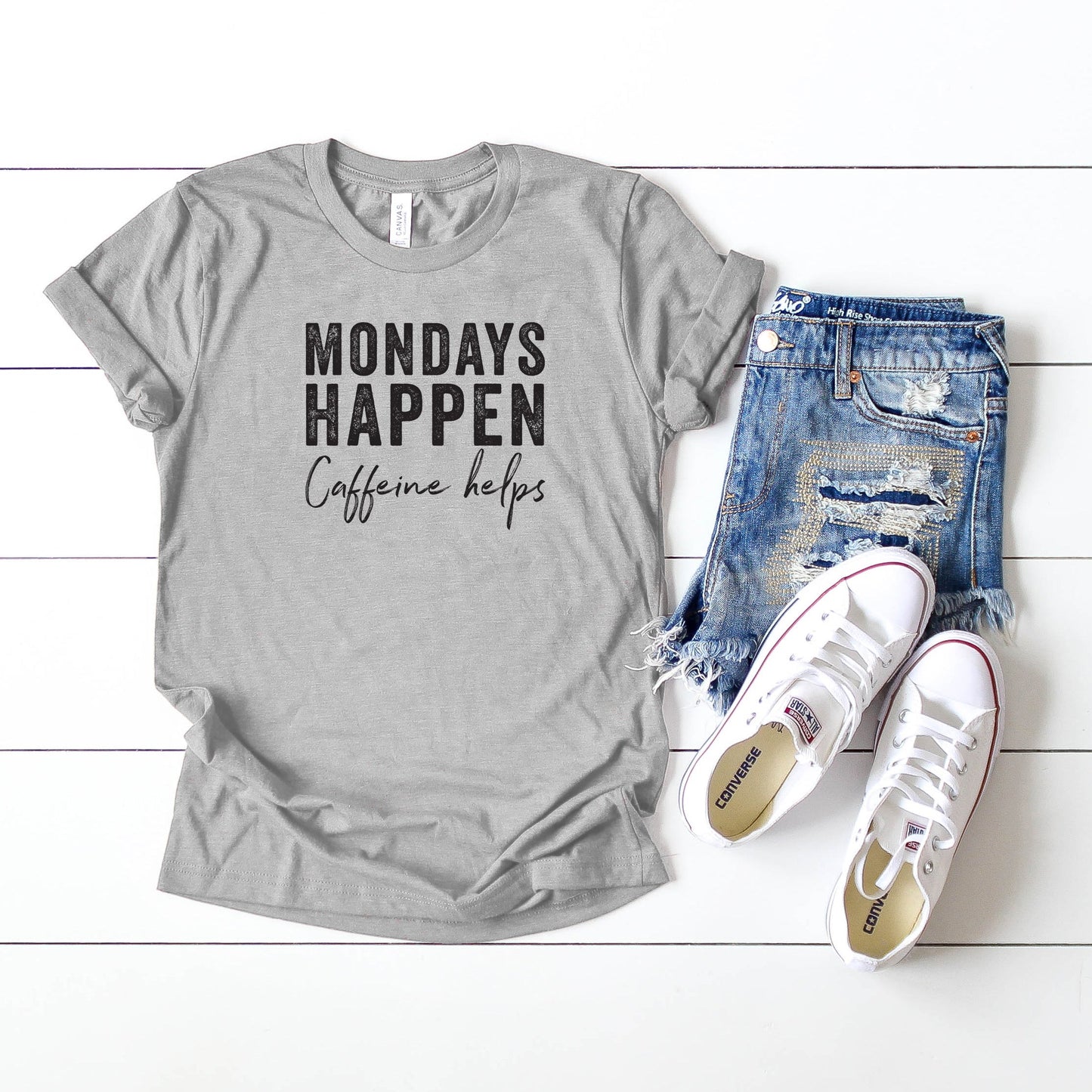 Mondays Happen, Caffeine Helps | Short Sleeve Crew Neck