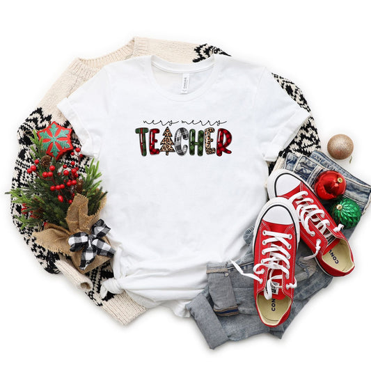 Very Merry Teacher Plaid | Short Sleeve Crew Neck